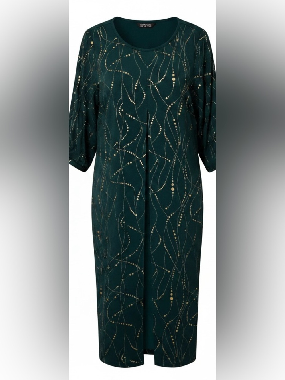 NWT: BloomChic Size 10 deep green Dress with Gold Dot Swirl Accents